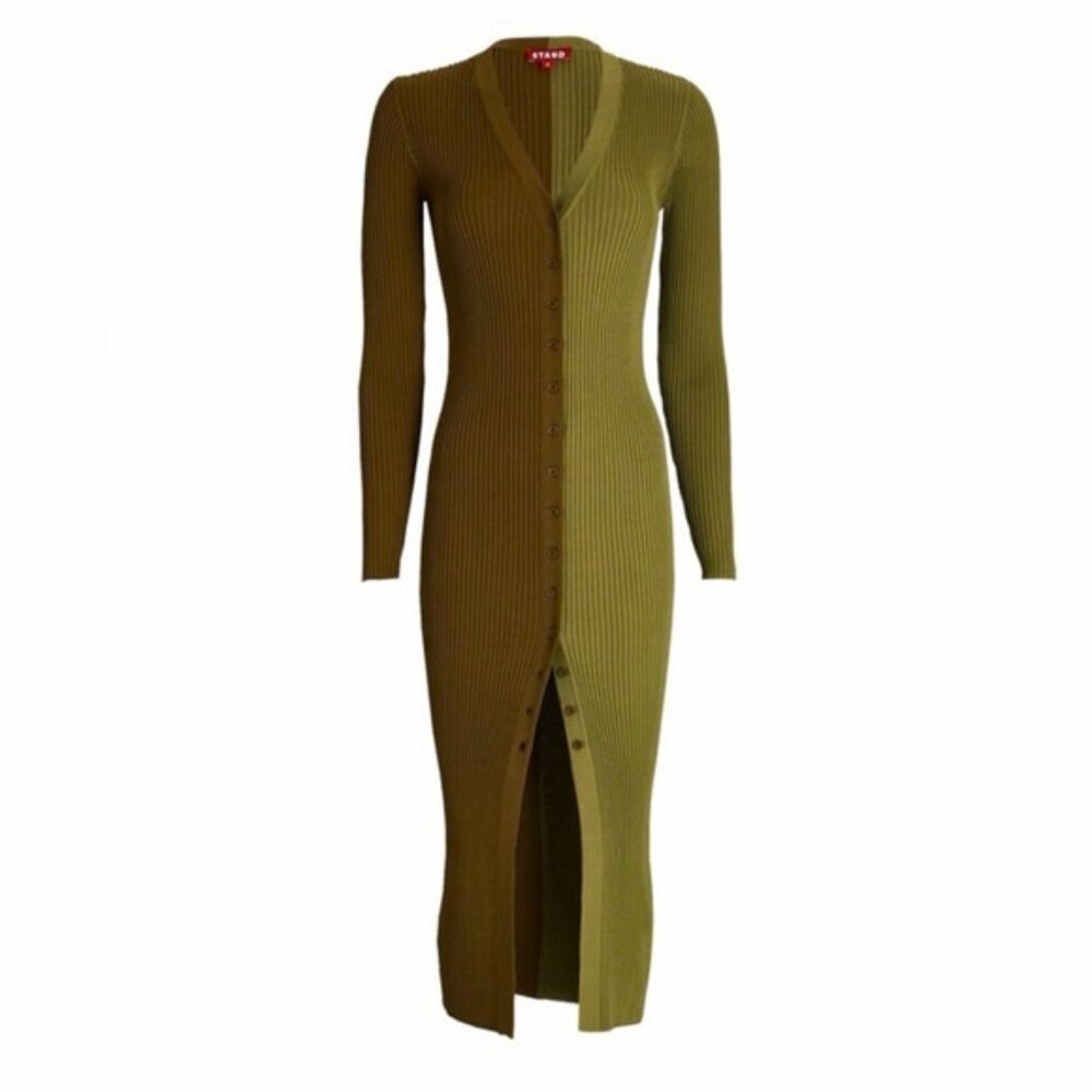 STAUD Shoko Olive & Green Ribbed Long Sleeve Knit Sweater Midi Dress S - Picture 3 of 8